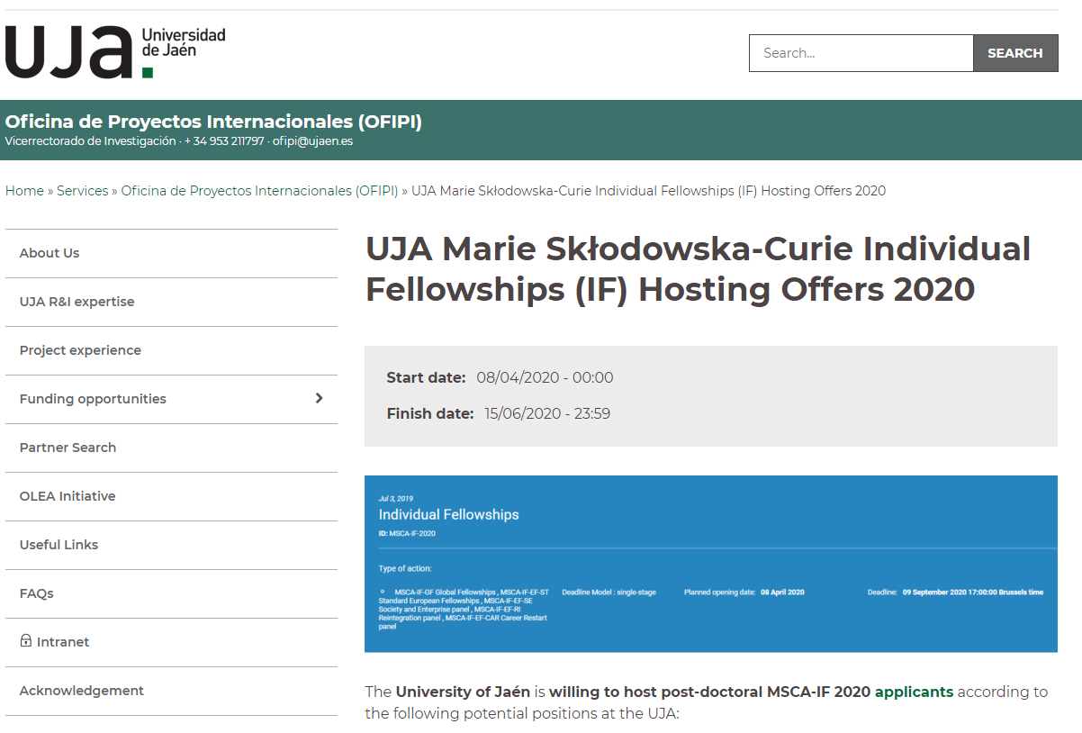 UJA Marie Skłodowska-Curie Individual Fellowships (IF) Hosting Offers 2020