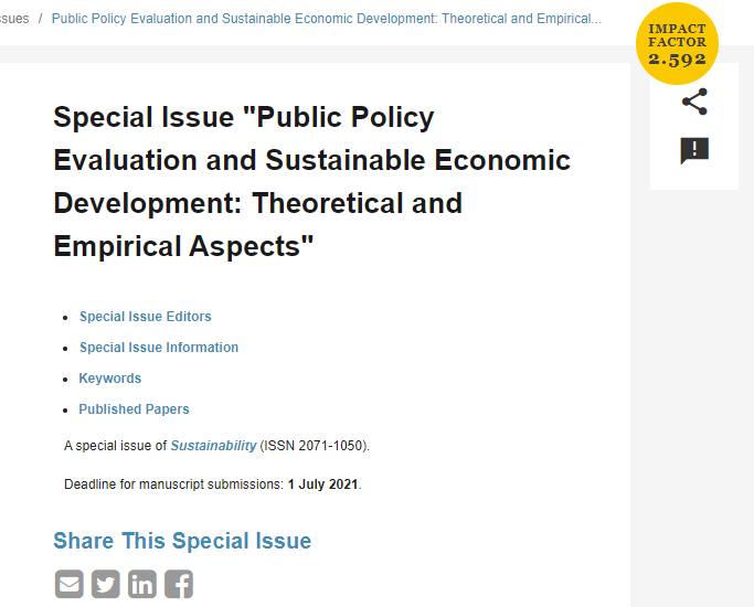 Numarul special  “Public Policy Evaluation and Sustainable Economic Development: Theoretical and Empirical Aspects”