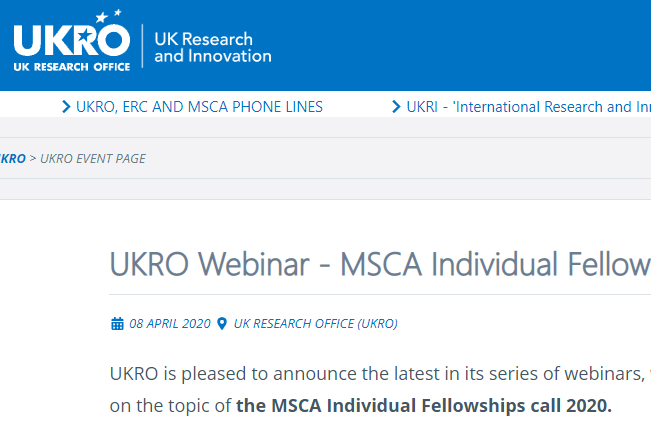 MSCA Individual Fellowships 2020 Webinar, 8 aprilie, ora 10.00-11.00 (ora UK)