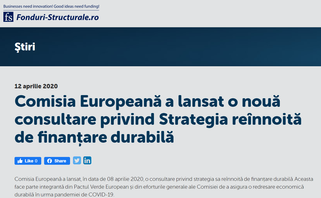 Comisia Europeană a lansat o nouă consultare privind Strategia reînnoită de finanțare durabilă