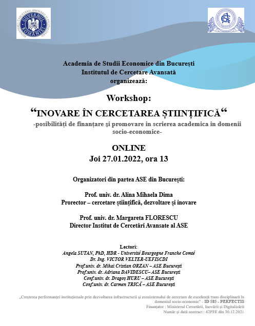 Joi 27.01.2022, ora 13 – Workshop: “INOVARE ÎN CERCETAREA ȘTIINȚIFICĂ“