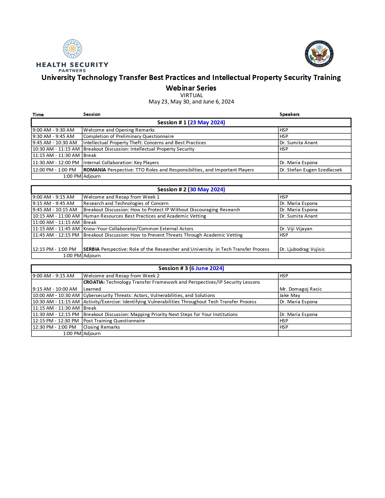 University Technology Transfer and Intellectual Property Security Best Practices Webinar Series–Romania, Serbia, and Croatia